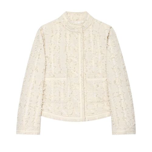 Damen Kurzjacke aus Bouclé-Tweed mit Fransendetails und Stehkragen Drune