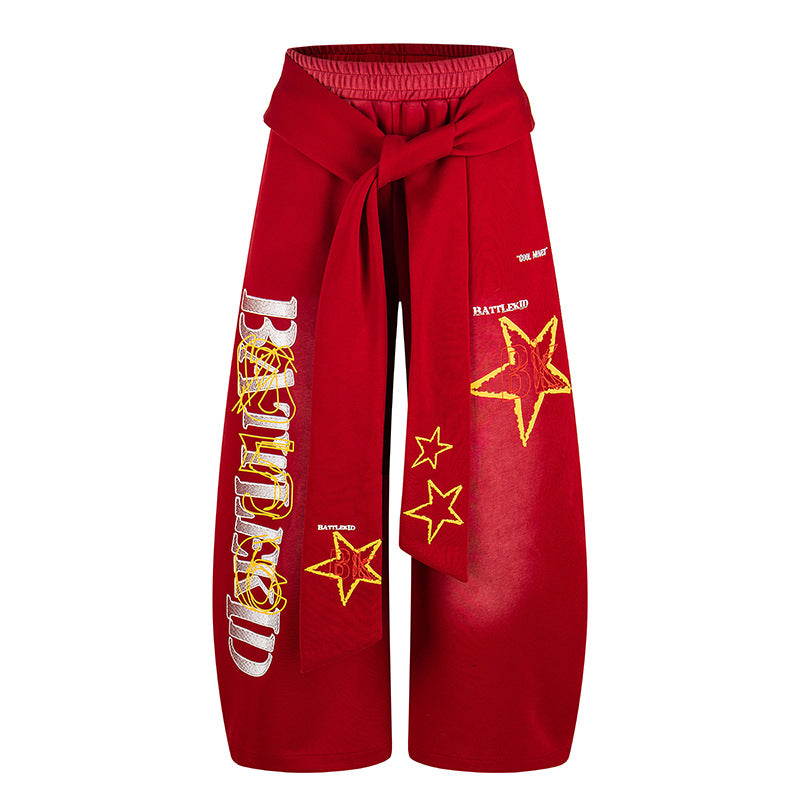 Damen Weite Palazzo-Culottehose mit integriertem Bindegürtel und Stern-Grafik Drune