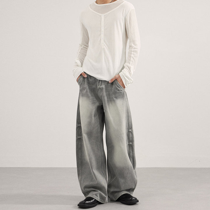 Herren Bodenlange Oversized-Denim-Palazzohose mit verwaschener Fade-Optik und tiefem Schritt Drune