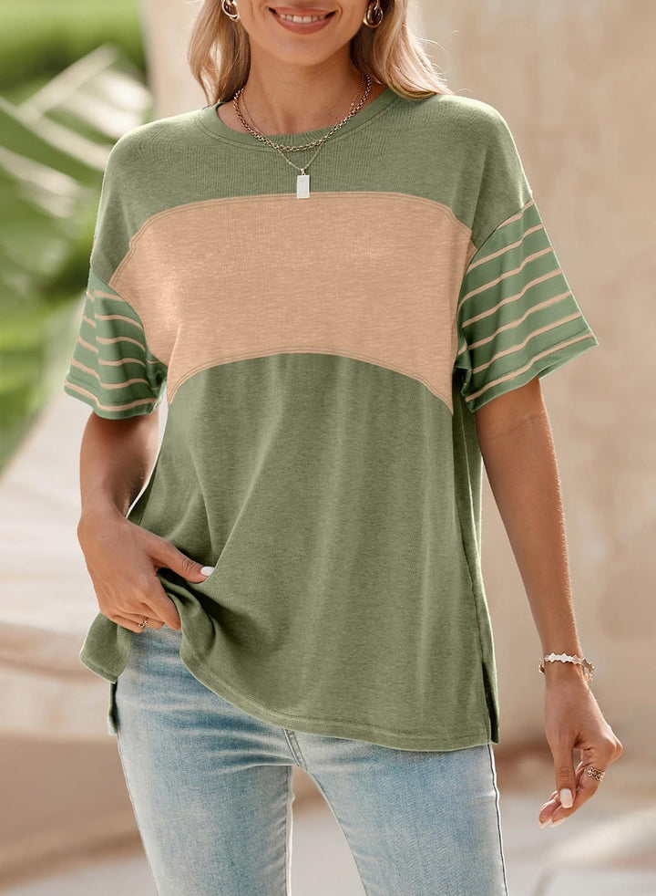 Damen Oversize-Shirt mit Kontrastpaneel, gestreiften Ärmeln und Seitenschlitzen Drune