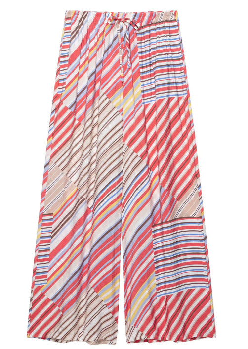 Damen Weite Palazzo‑Hose mit elastischem Bund, Tunnelzug und gestreiftem Patchwork‑Print Drune