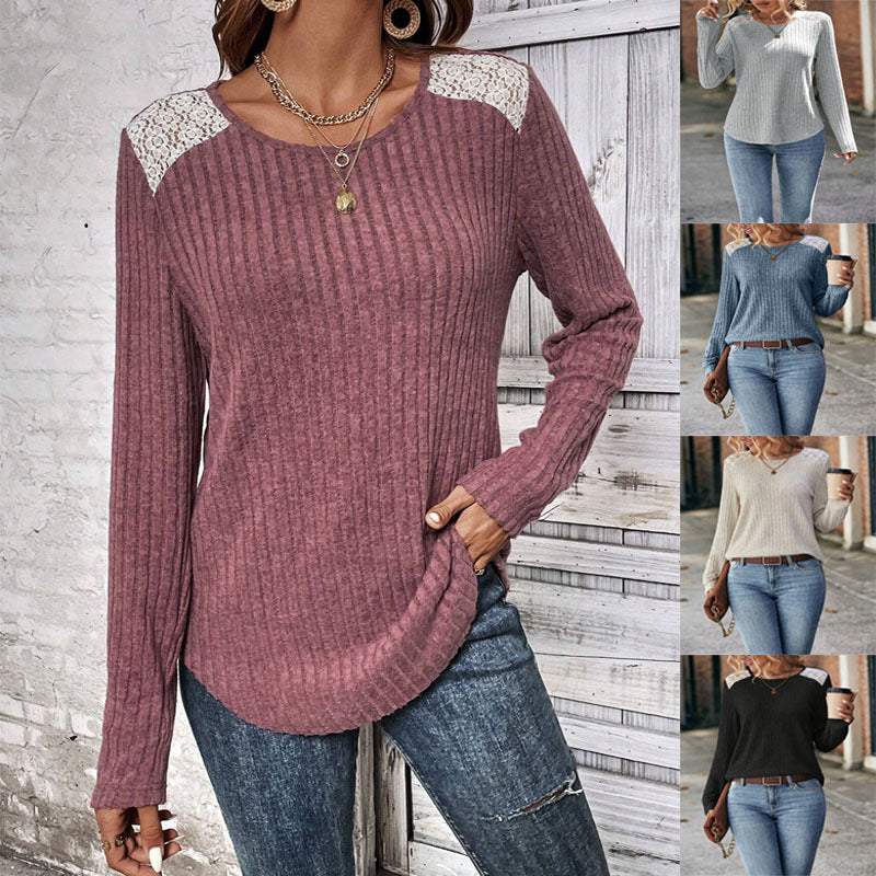 Damen Langarmshirt mit feinen Rippdetails und Spitzenakzenten Drune