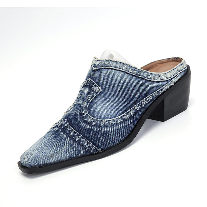 Damen nan Jeans-Slipper mit spitzer Zehenkappe, fransiger Kantenverarbeitung und mittelhohem Blockabsatz Drune