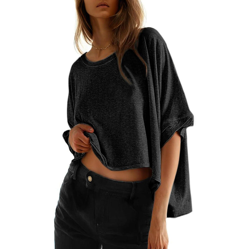 Damen lässiges cropped Oberteil mit weiten Ärmeln und Rundhalsausschnitt Drune