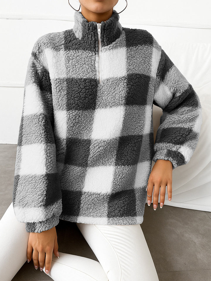 Damen nan kariertes Teddy-Fleece Pullover mit Stehkragen und halbhohem Reißverschluss Drune