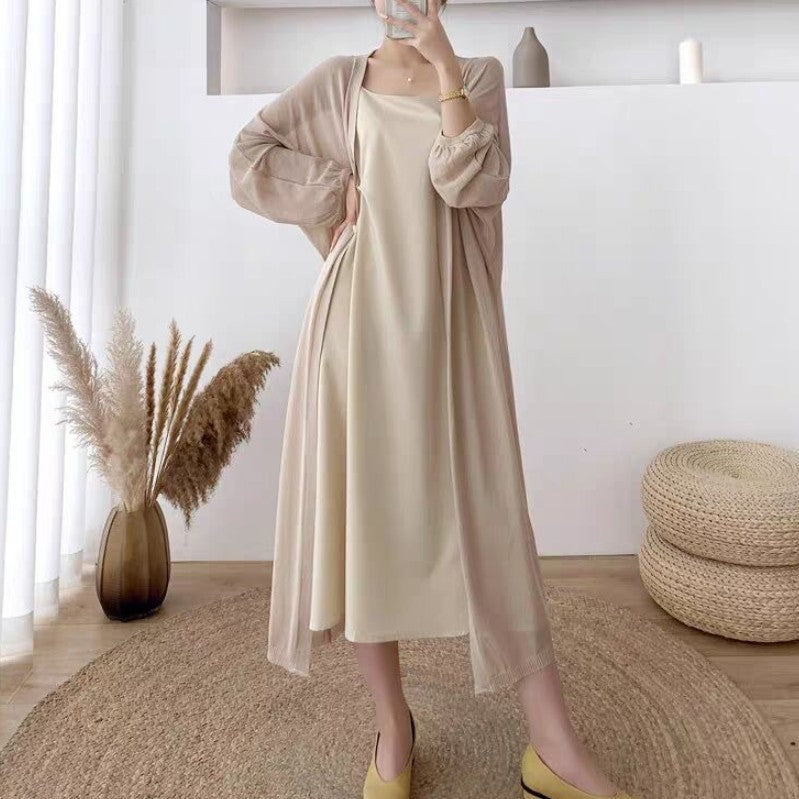 Damen Elegante lange Strickjacke mit ballonförmigen Ärmeln und offenen Front Drune