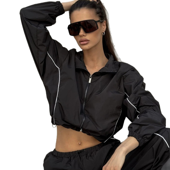 Damen Kurz geschnittene Windbreaker Jacke mit halbem Reißverschluss, Tunnelzug und elastischen Bündchen Drune