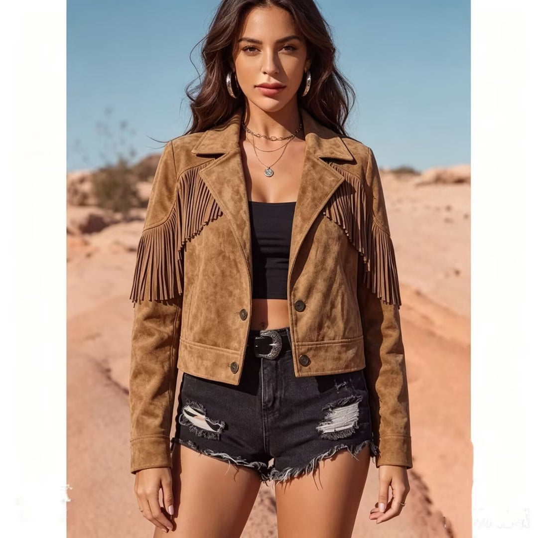 Damen Kurze Wildlederoptik-Fransenjacke im Cropped-Boxy-Schnitt Drune