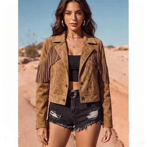 Damen Kurze Wildlederoptik-Fransenjacke im Cropped-Boxy-Schnitt Drune