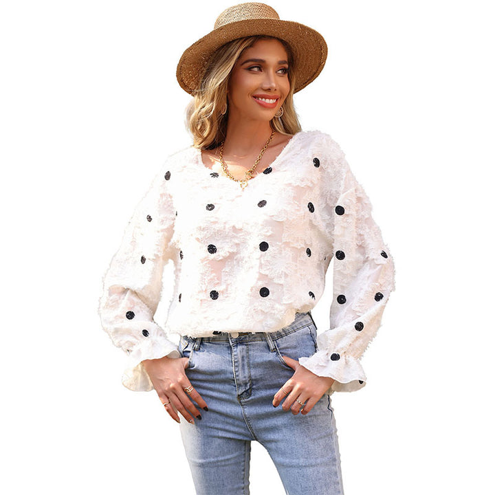 Damen Texturiertes V-Ausschnitt-Blusenshirt mit Fransenstruktur und Punkteapplikation Drune