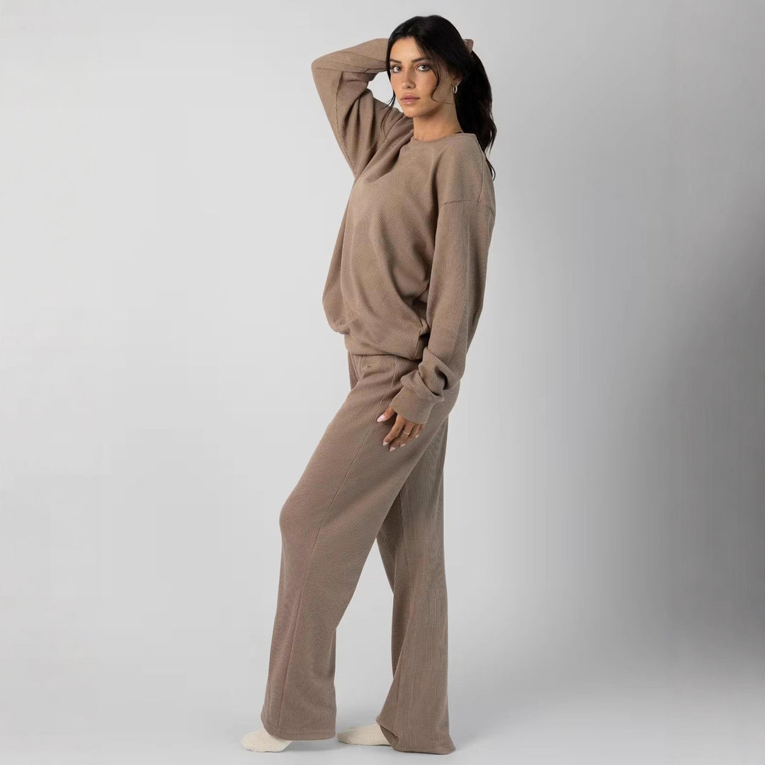 Damen geräumiges Waffelstrick-Loungewear-Set mit Rundhalsausschnitt und Tunnelzughose Drune