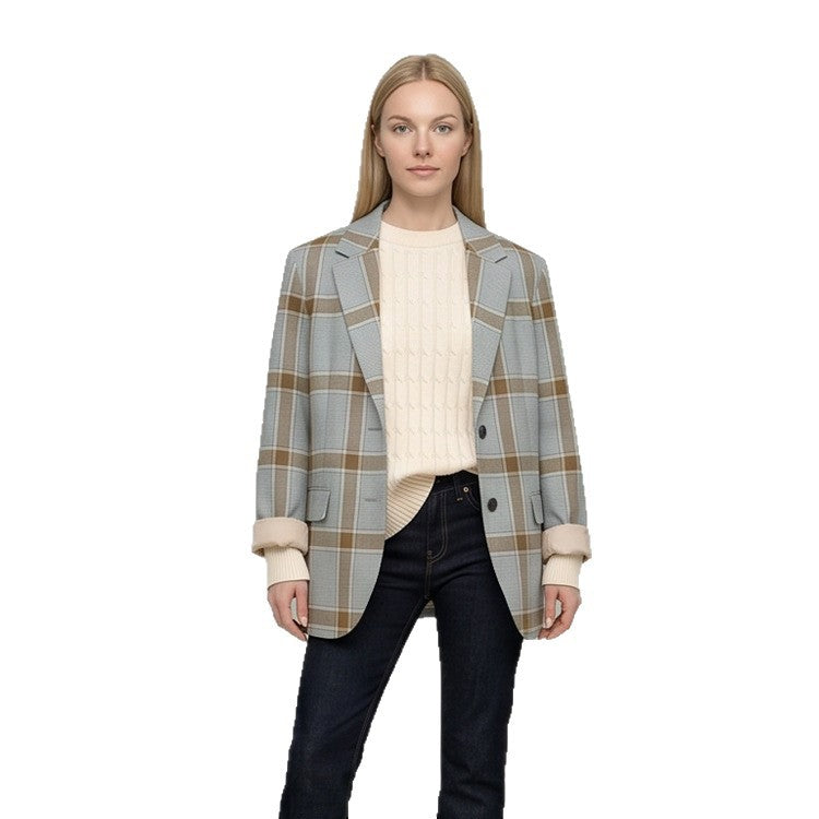 Damen Oversize-Karoblazer im Glencheck mit kastiger Silhouette und fallendem Revers Drune