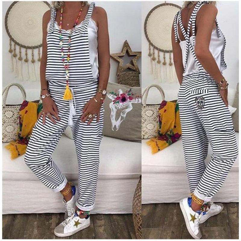 Damen Lässiger Jumpsuit mit schulterfreier Raffung und modischem Streifenmuster Drune
