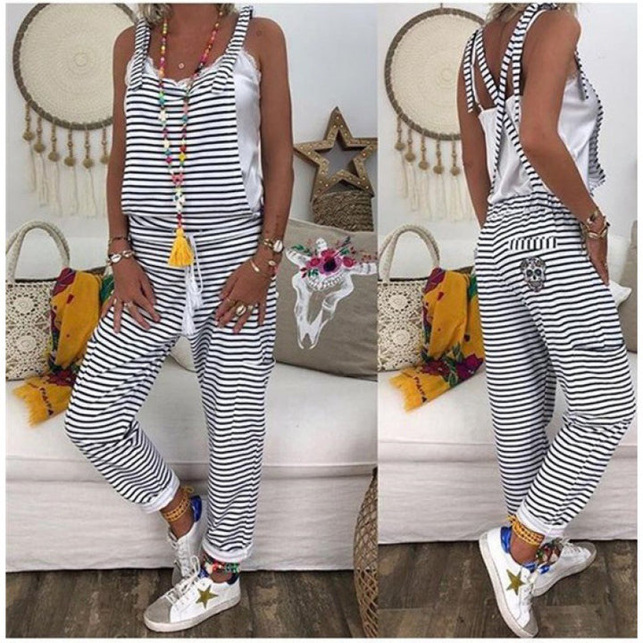Damen Lässiger Jumpsuit mit schulterfreier Raffung und modischem Streifenmuster Drune