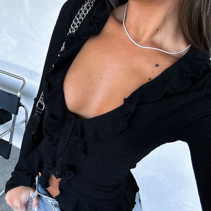 Damen nan tailliertes Rüschen-Feinstrick-Cardigan mit Bindeband, V-Ausschnitt und Volantärmeln Drune