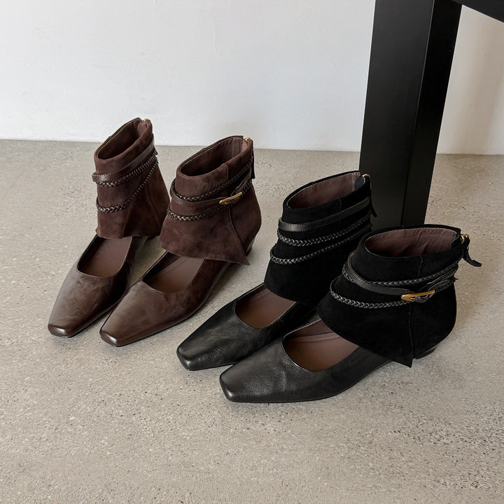 Damen Ankle‑Slipper mit umschlagbarem Velours‑Schaft und geflochtenen Zierriemen Drune