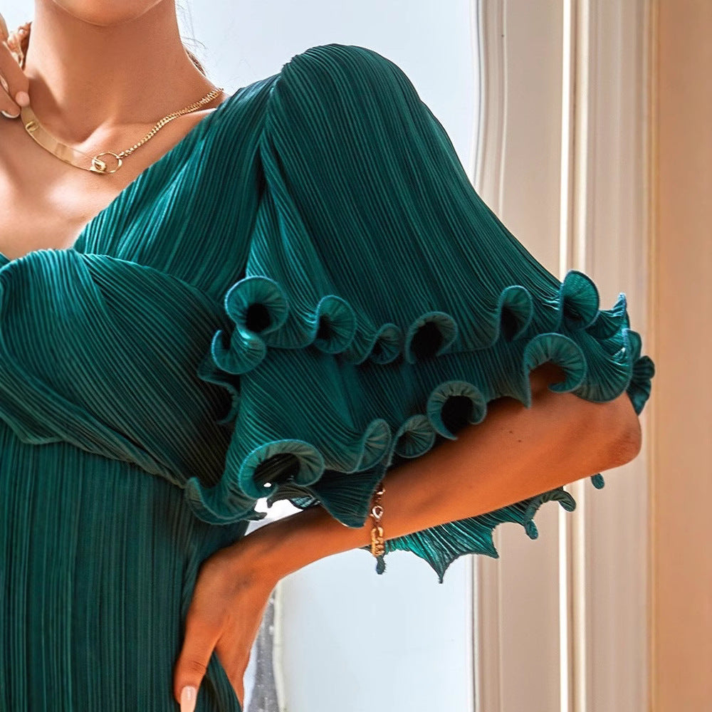 Damen Plissiertes Midi-Kleid mit voluminösen Rüschensäumen und elegantem V-Ausschnitt Drune