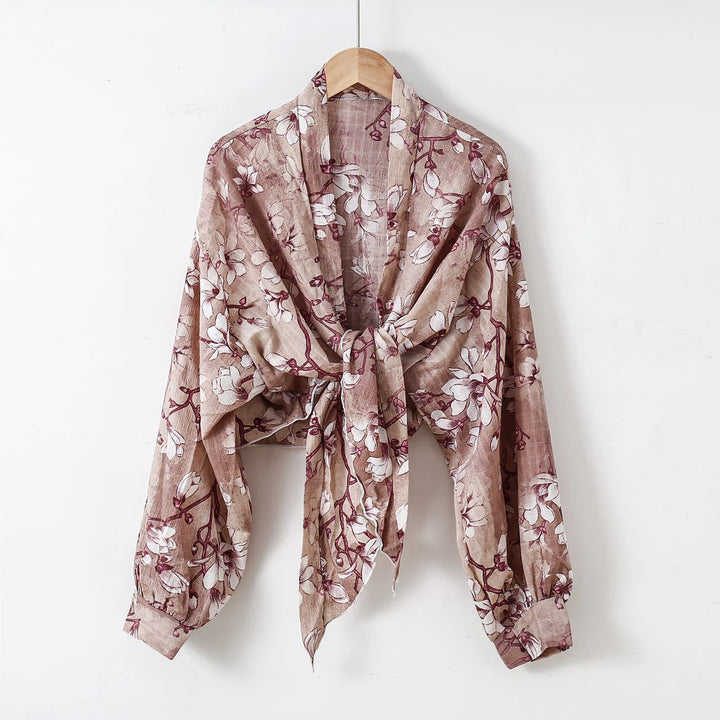 Damen nan florale Knoten-Bluse im Wickelstil mit Ballonärmeln und leichter Leinenoptik Drune