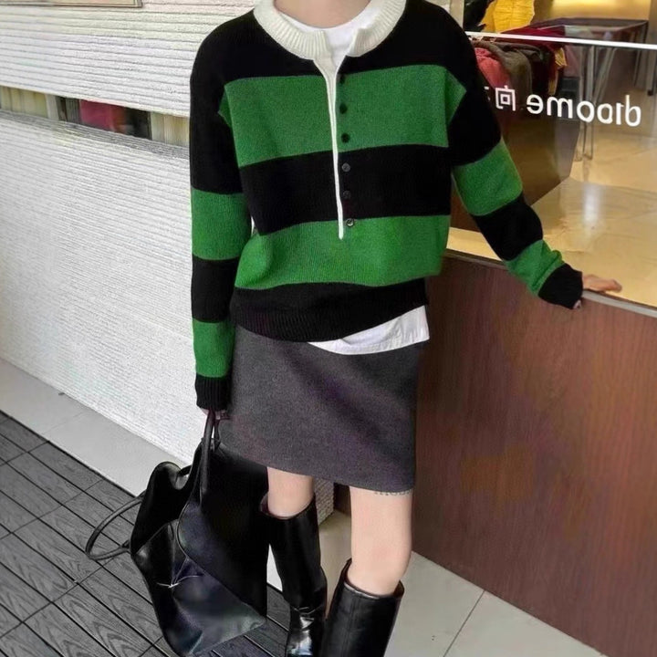 Damen kurzärmliger Strickpullover mit Knopfleiste und Kontraststreifen Drune