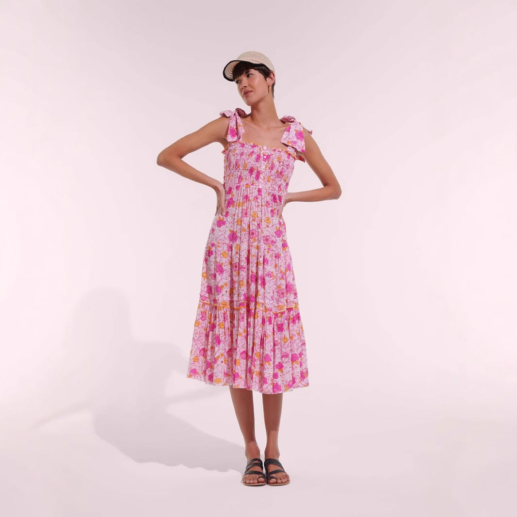 Damen Maxikleid mit floralem Rüschendesign und elastischem Oberteil Drune