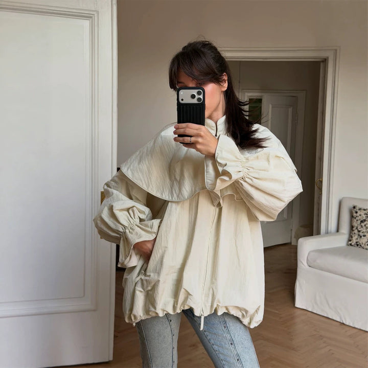 Damen Oversize-Jacke mit Cape-Kragen, Ballonärmeln und Kordelzug Drune