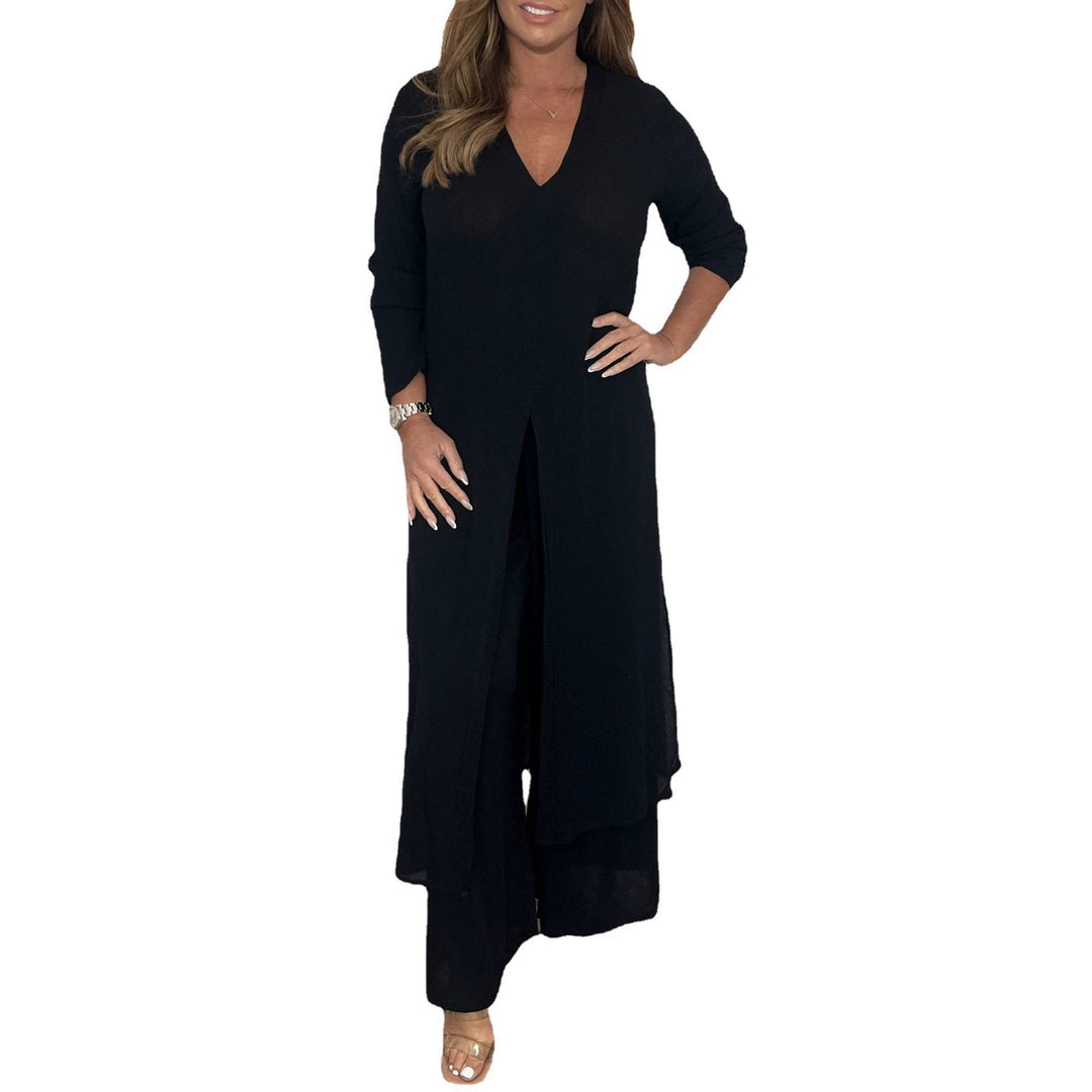 Damen Langes V‑Ausschnitt Tunika‑Kleid mit Frontschlitz und weiter Palazzohose Drune