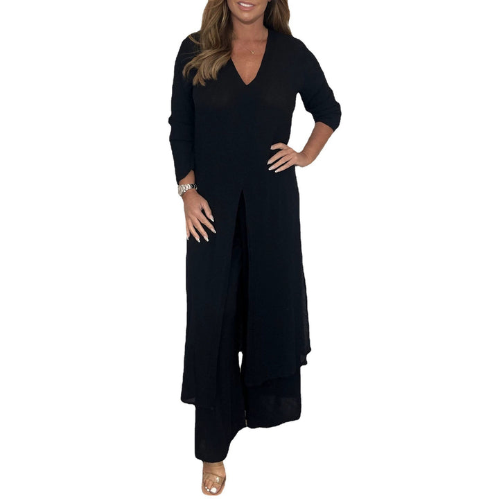 Damen Langes V‑Ausschnitt Tunika‑Kleid mit Frontschlitz und weiter Palazzohose Drune