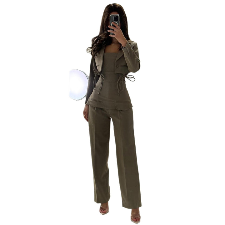 Damen Elegantes Zweiteiliges Set mit tailliertem Oberteil und weitem Hosenstil Drune
