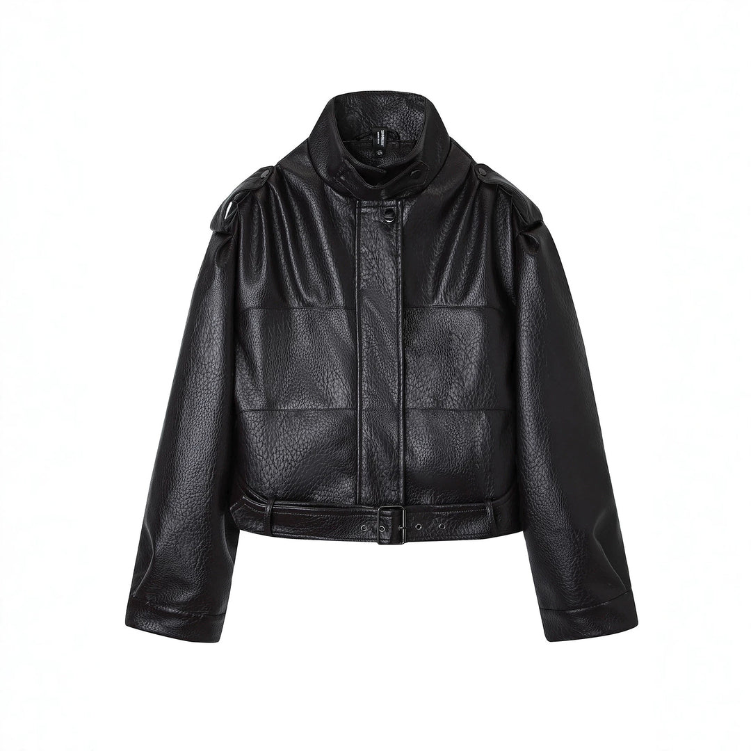 Damen Modische Kunstlederjacke mit Gürtel Drune