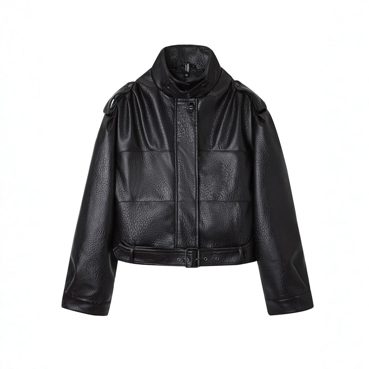 Damen Modische Kunstlederjacke mit Gürtel Drune