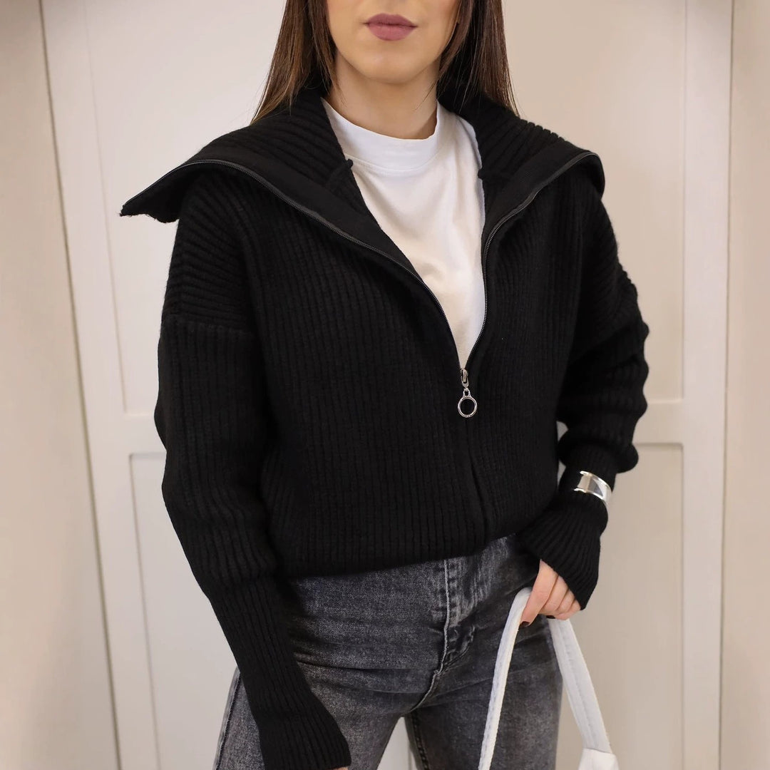 Damen Oversize Strickjacke mit Reißverschluss und hohem Kragen Drune