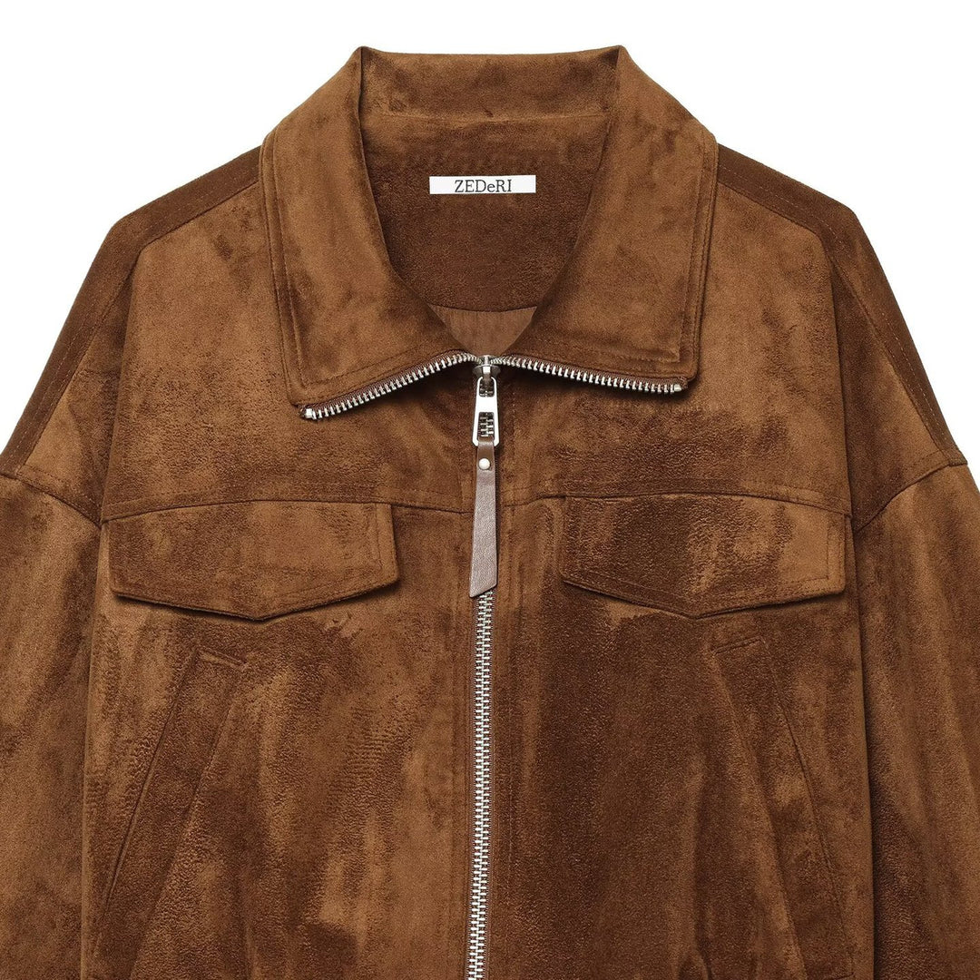 Damen Veloursleder-Optik Bomberjacke mit Tunnelzug und Brustklappen Drune