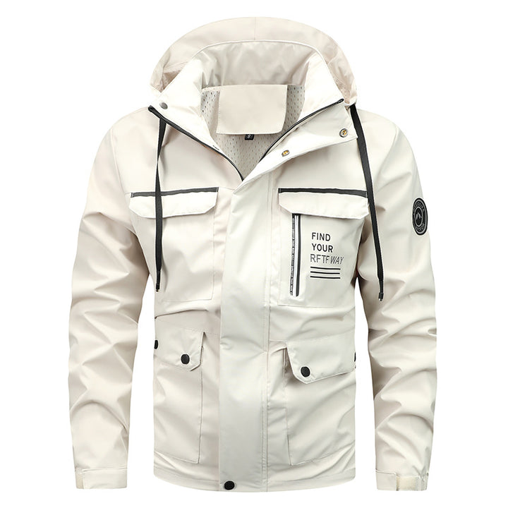 Herren  wasserfeste Kapuzen-Regenjacke mit Mehrfach-Taschen und winddichter Membran Drune