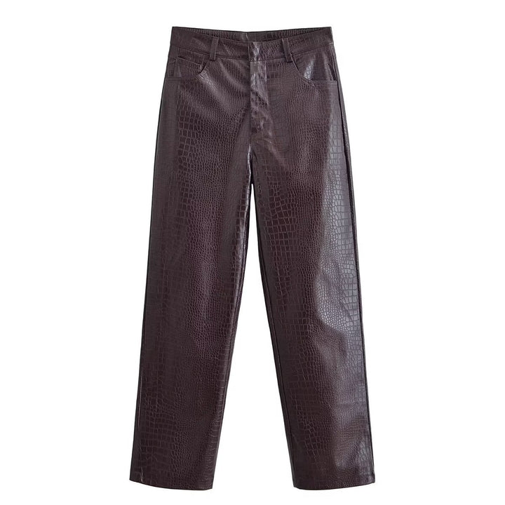 Damen Hochtaillierte Straight-Leg Kunstlederhose mit Krokoprägung Drune