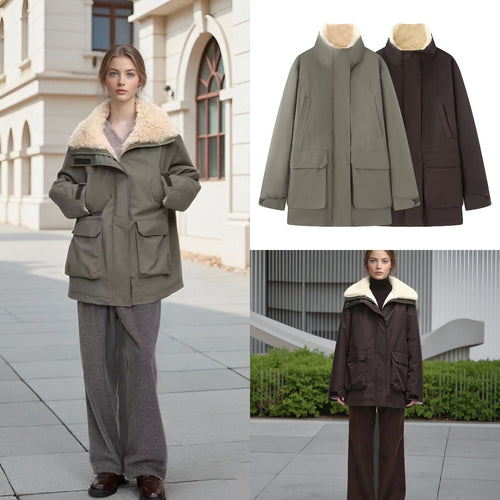 Damen Wattierte Parka‑Jacke mit hohem Teddykragen und aufgesetzten Klappentaschen Drune