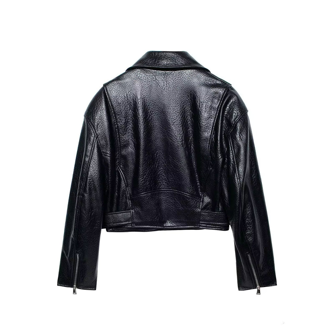 Damen Kurzgeschnittene Bikerjacke aus strukturiertem Lederimitat mit Taillengürtel Drune