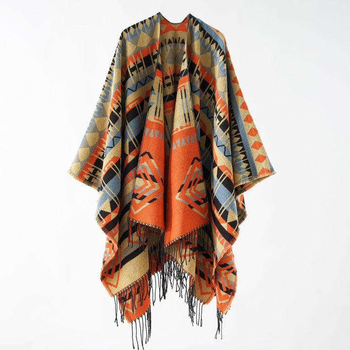 Damen Gewebter Fransenponcho mit Ethno-Jacquard und Oversize-Fall Drune
