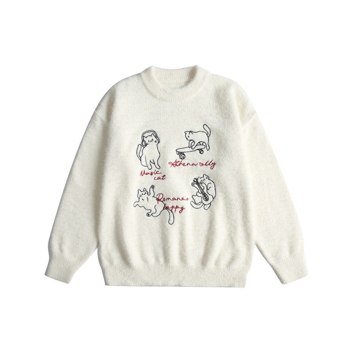 Damen Weicher Pullover mit verspielter Katzenstickerei und leichtem Stehkragen Drune