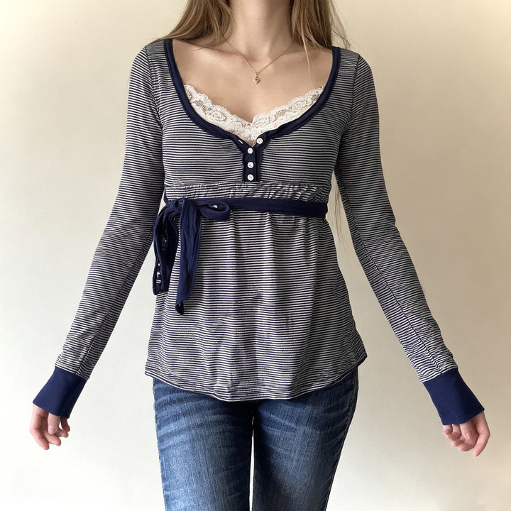 Damen Umstands- und Stillbluse mit Empire-Naht, Knopfleiste und Bindegürtel Drune