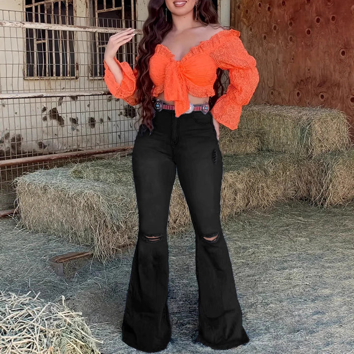 Damen High-Waist Bootcut-Jeans mit Knie-Rissen und figurbetontem Sculpting-Schnitt Drune