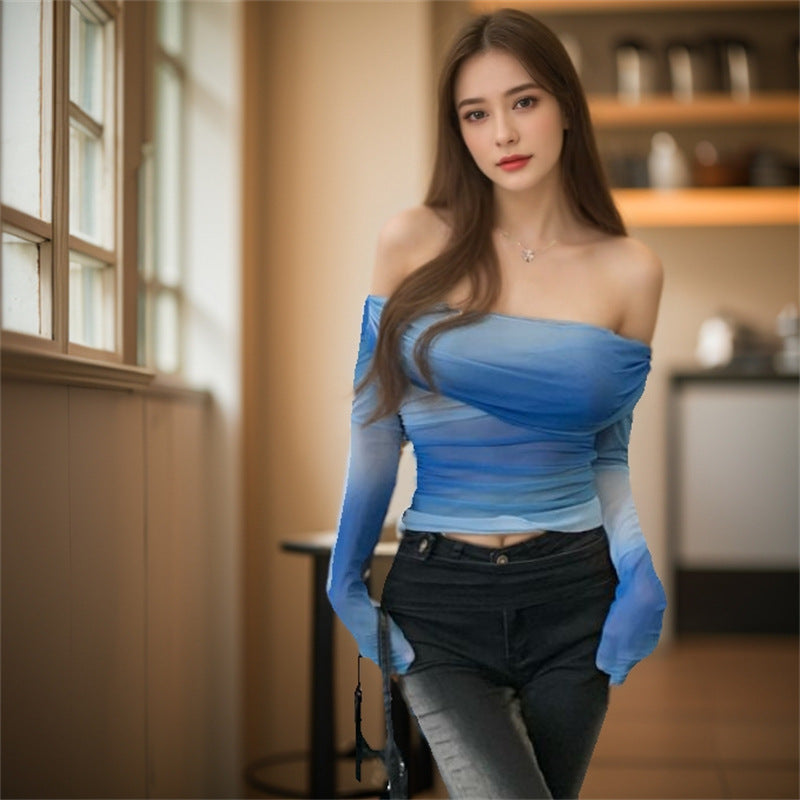 Damen Schulterfreies Mesh-Longsleeve mit Raffung und leichter Transparenz Drune