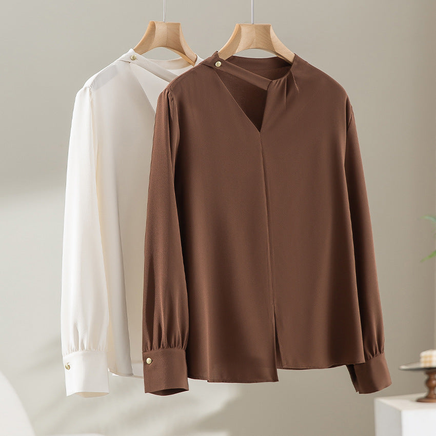 Damen elegante oversized Bluse mit asymmetrischem V-Ausschnitt und Manschetten Drune