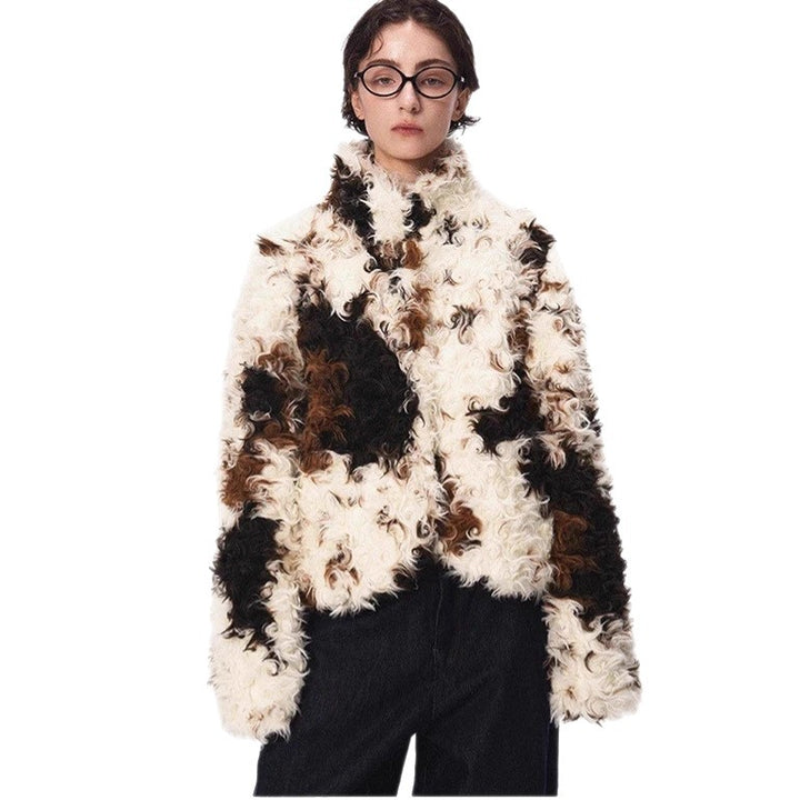 Damen Kurze Shaggy-Faux-Fur-Bomberjacke mit strukturierter Patchwork-Optik Drune