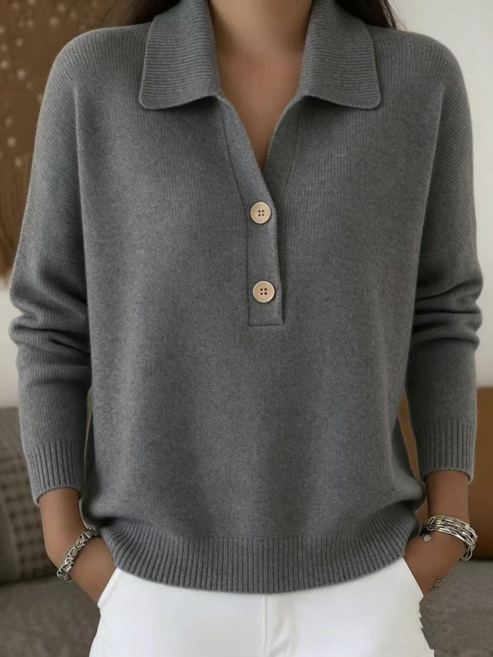 Damen lässiger Feinstrickpullover mit Polokragen und Zwei-Knopf-Leiste Drune