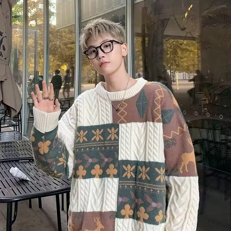 Damen Gemusterter Oversized Pullover mit Stehkragen Drune