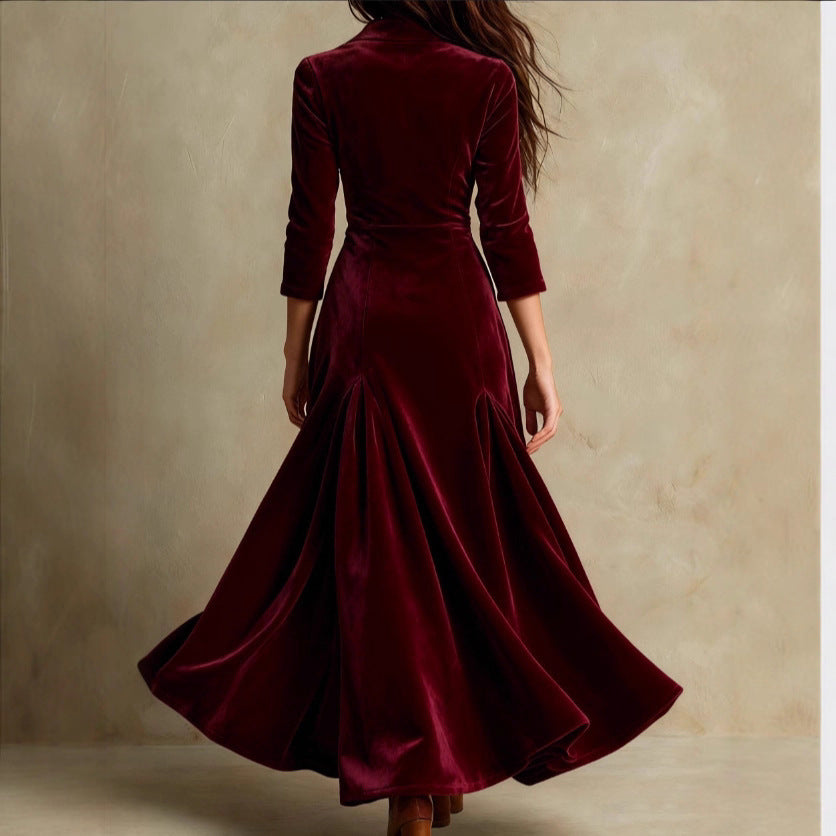 Damen Samt-Midaxi-Kleid mit tailliertem Sakko-Oberteil, V-Ausschnitt und weitem Stufenrock Drune