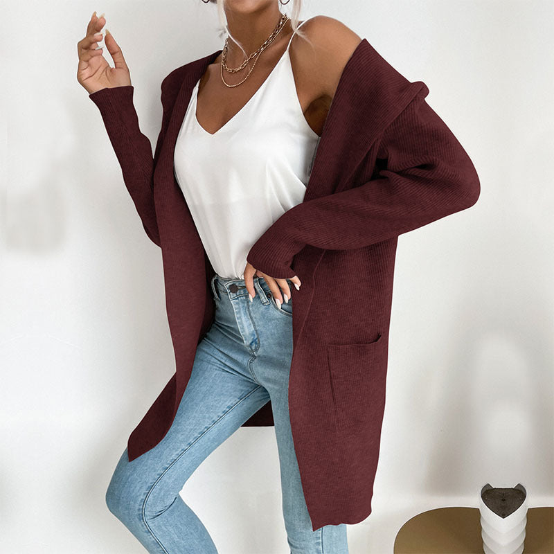 Damen Langärmlige Strickjacke mit Kapuze und seitlichen Taschen Drune