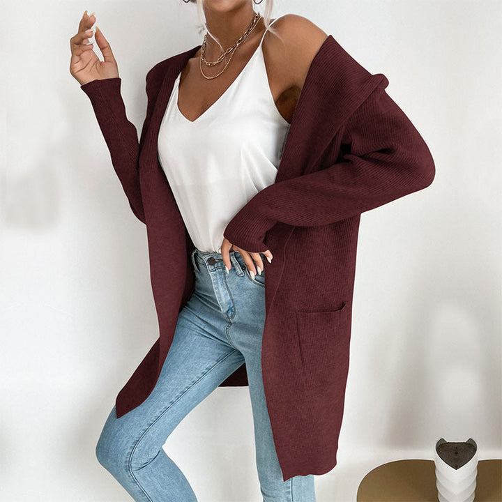 Damen Langärmlige Strickjacke mit Kapuze und seitlichen Taschen Drune