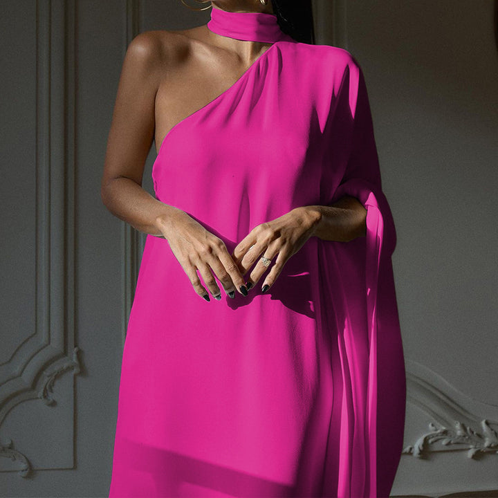 Damen elegantes One-Shoulder Abendkleid mit fließendem Stoff und schickem Kragen Drune