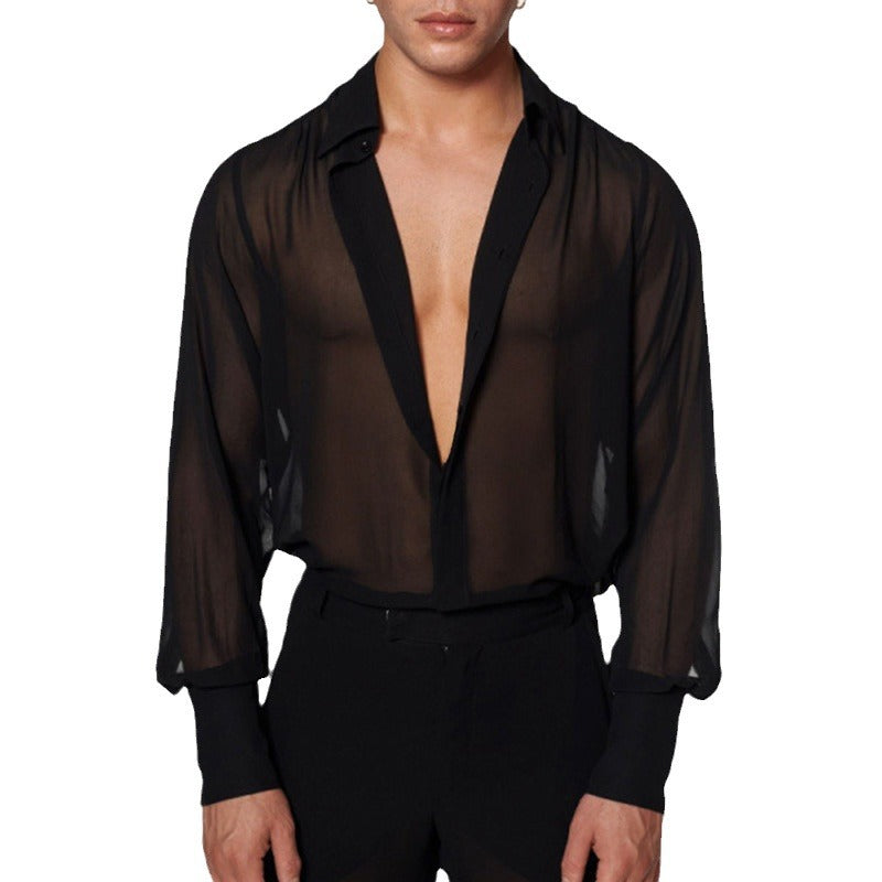 Damen nan semi-transparente Langarm-Chiffonbluse mit Hemdkragen und breiten Manschetten Drune